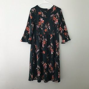 Dark Green Floral Dress with Flutter Sleeve